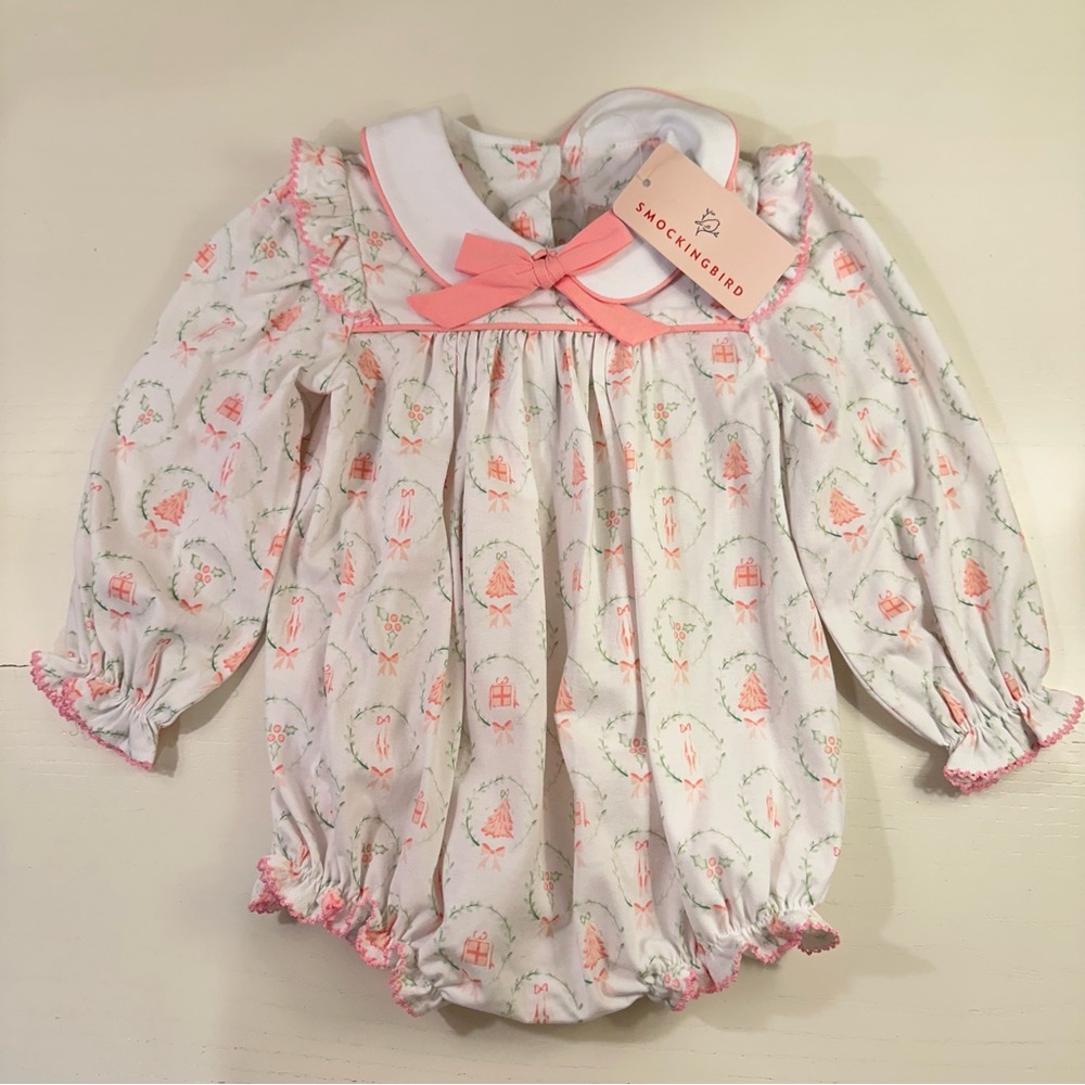 NWT Smockingbird Pink Christmas Tree Bubble 2T